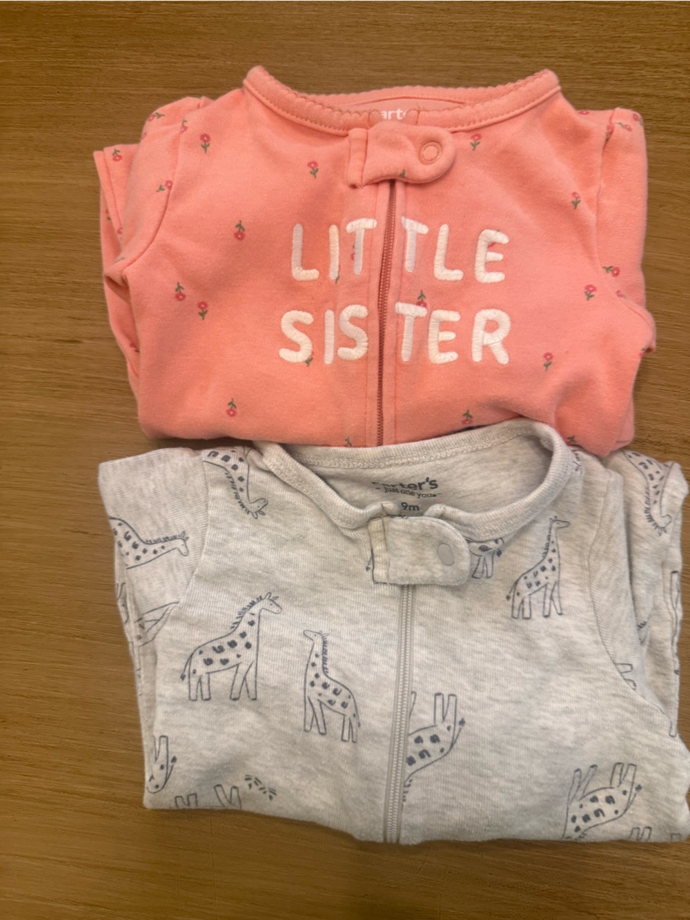 Carter's Coral 'Little Sister' and Light Gray Giraffe Zip One-Pieces